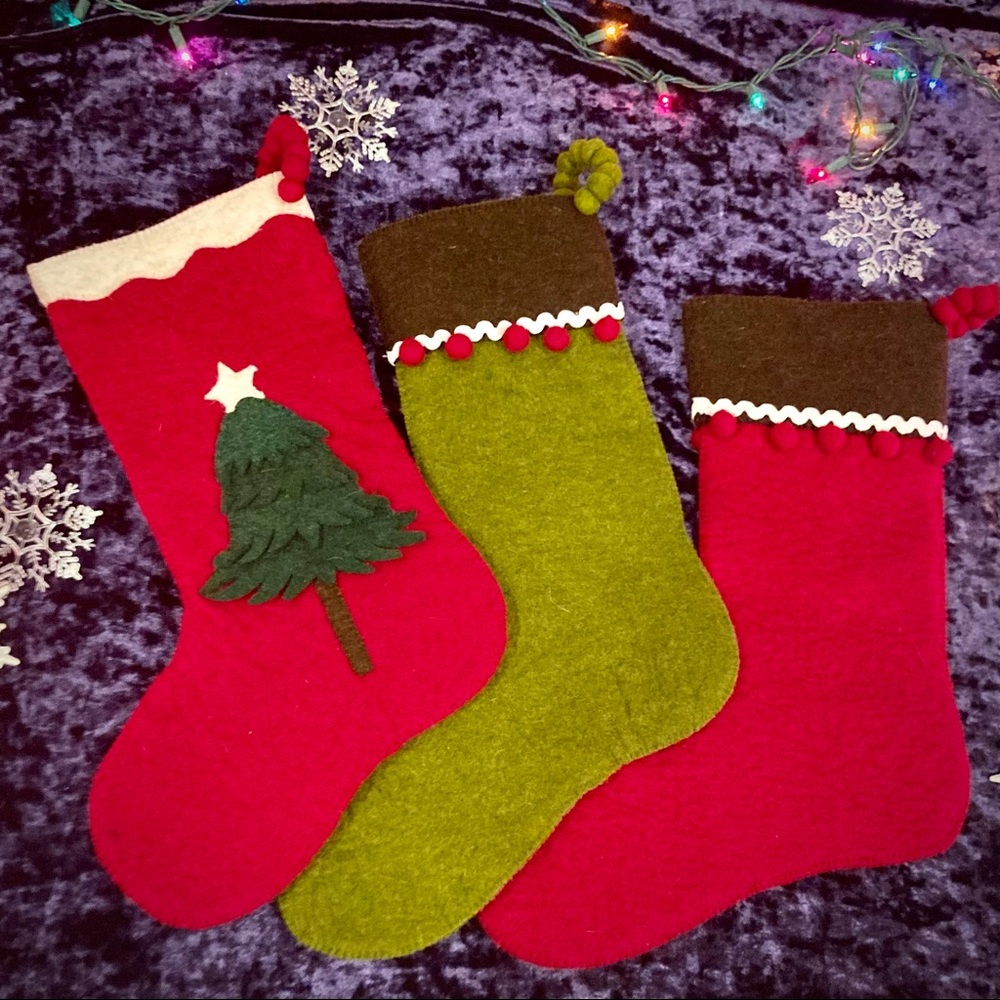 Felted wool pompom ric rac old fashioned red green Christmas stockings three